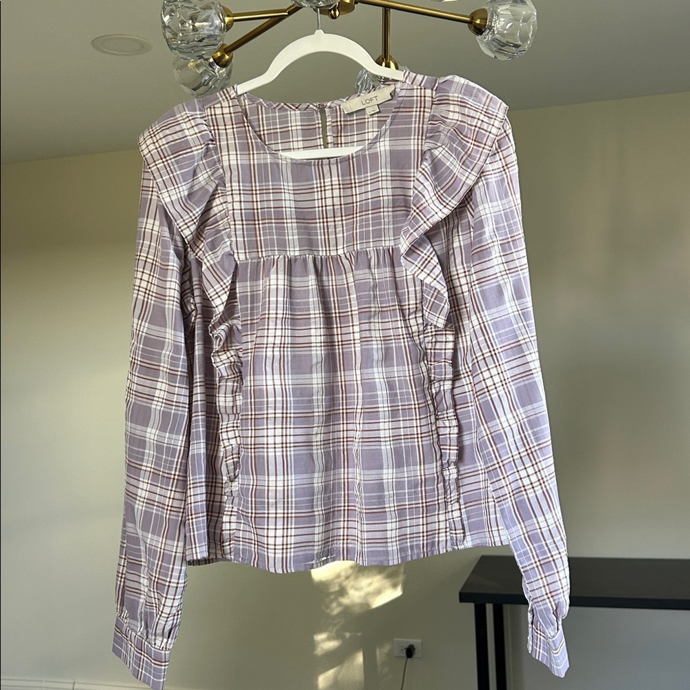 White/ lavender plaid Loft ruffle blouse